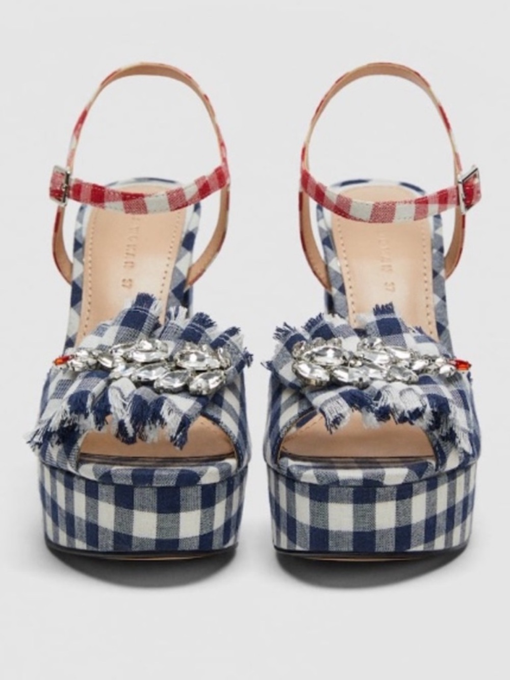 Zara Blue Red White Bejeweled Country 4th of July Gingham Platform Heels Size 38 - Picture 7 of 7